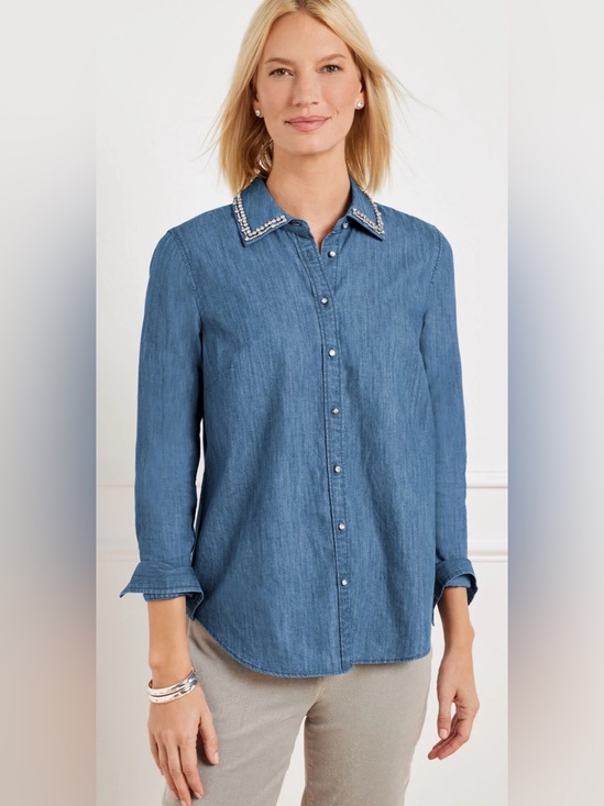 Talbots Tops - Talbots Embellished Collar Denim Button Front Shirt Size 1XP